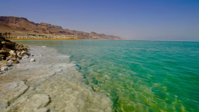 منتجعات وفنادق مطلة على البحر الميت في الأردن مع المياه المالحة والج